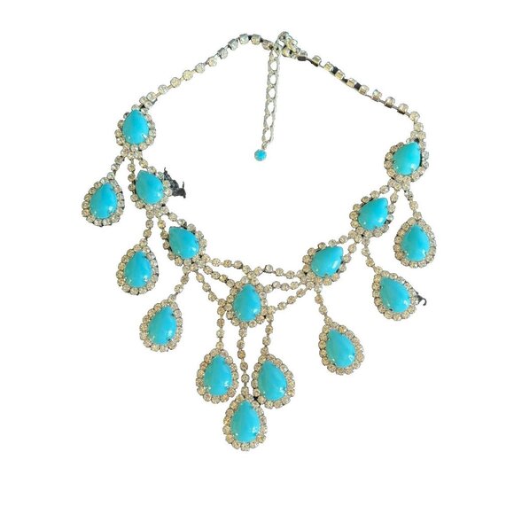 Southwestern Blue Turquoise Jeweled Bib Necklace and Matching Earrings - Picture 2 of 8